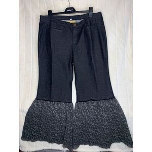 A Rare Bird Flare Jeans Women L/XL Dark Wash Ruffled Lace Handmade Boho Wide Leg